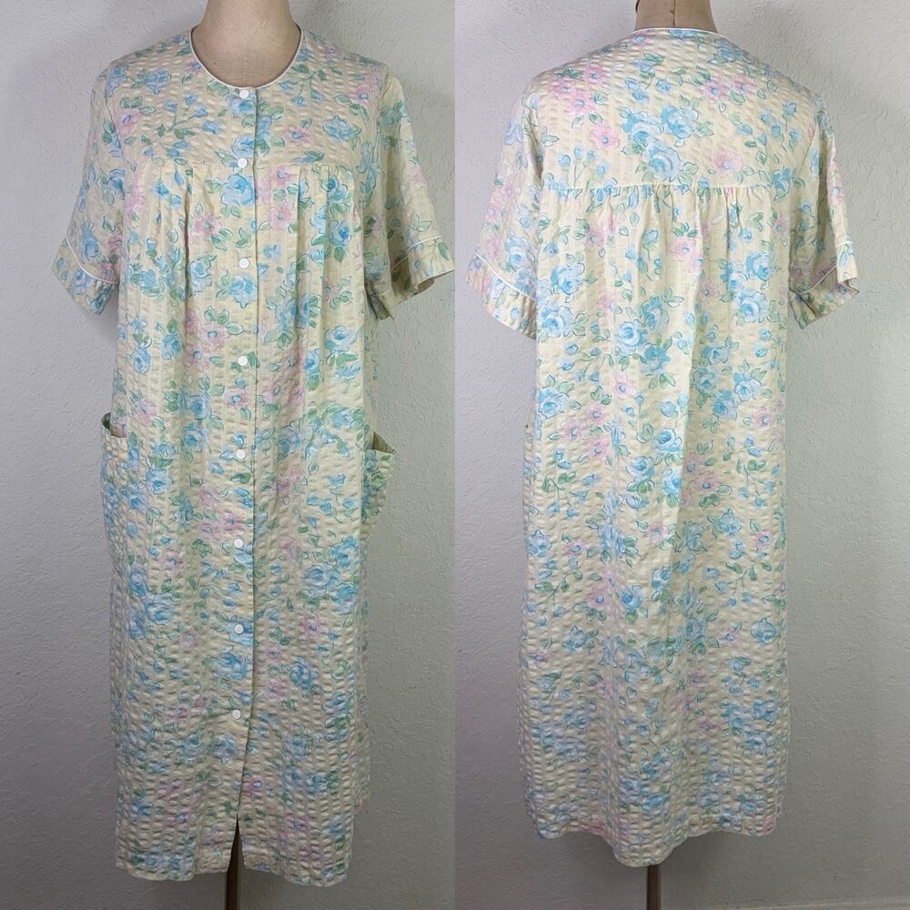 Miss Elaine Night Gown Vtge Floral Print Snap Button Seer Sucker Retro size M?